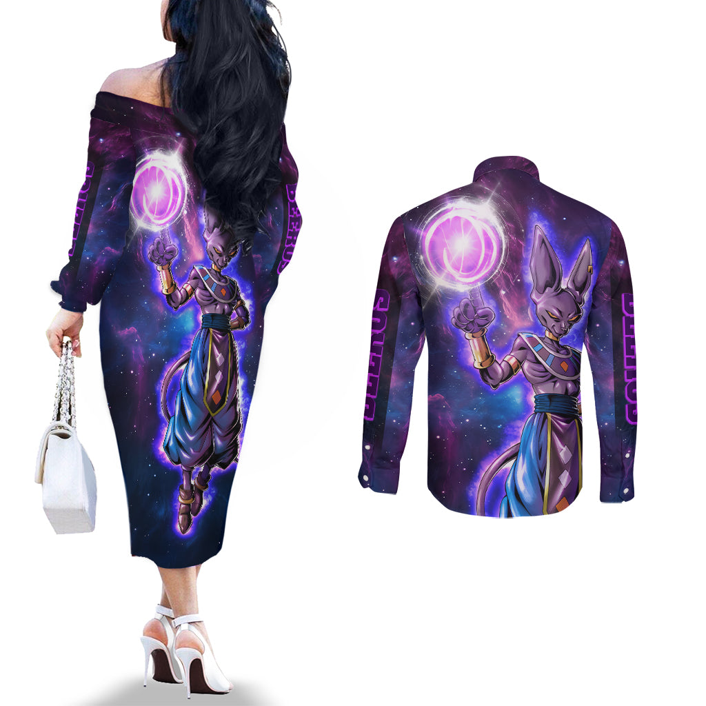 Beerus - Dragon Ball Couples Matching Off The Shoulder Long Sleeve Dress and Long Sleeve Button Shirt
