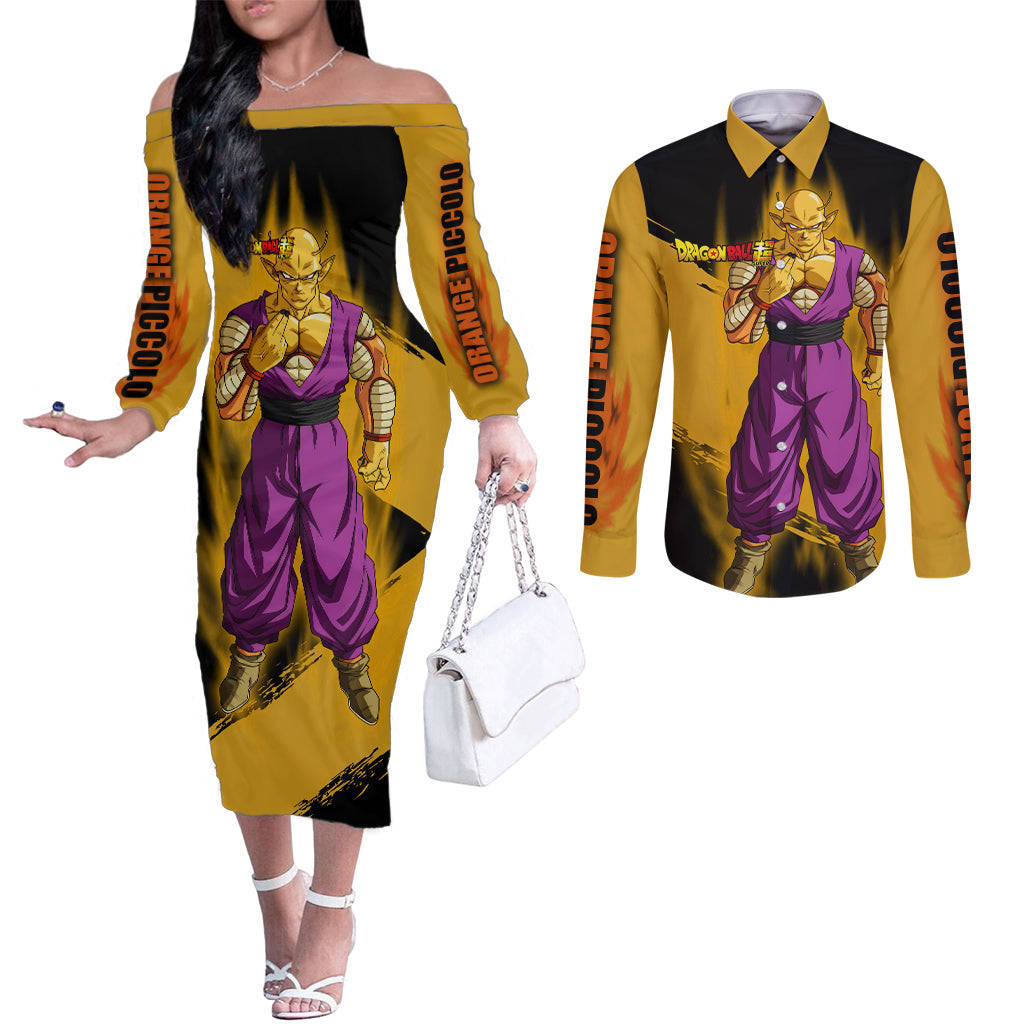 Orange Piccolo Super Anime Couples Matching Off The Shoulder Long Sleeve Dress and Long Sleeve Button Shirt