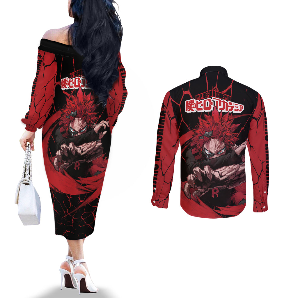 Eijirou KIrishima Red Riot Couples Matching Off The Shoulder Long Sleeve Dress and Long Sleeve Button Shirt