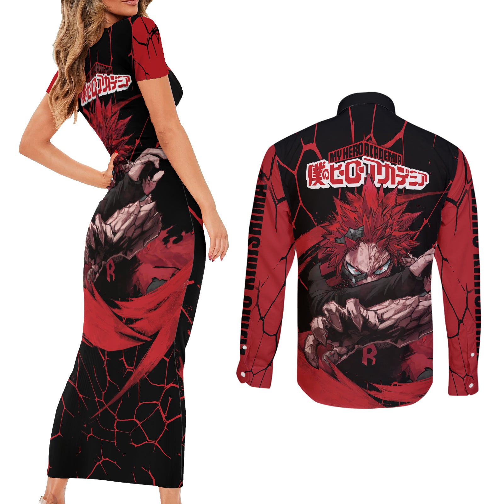 Eijirou KIrishima Red Riot Couples Matching Short Sleeve Bodycon Dress and Long Sleeve Button Shirt