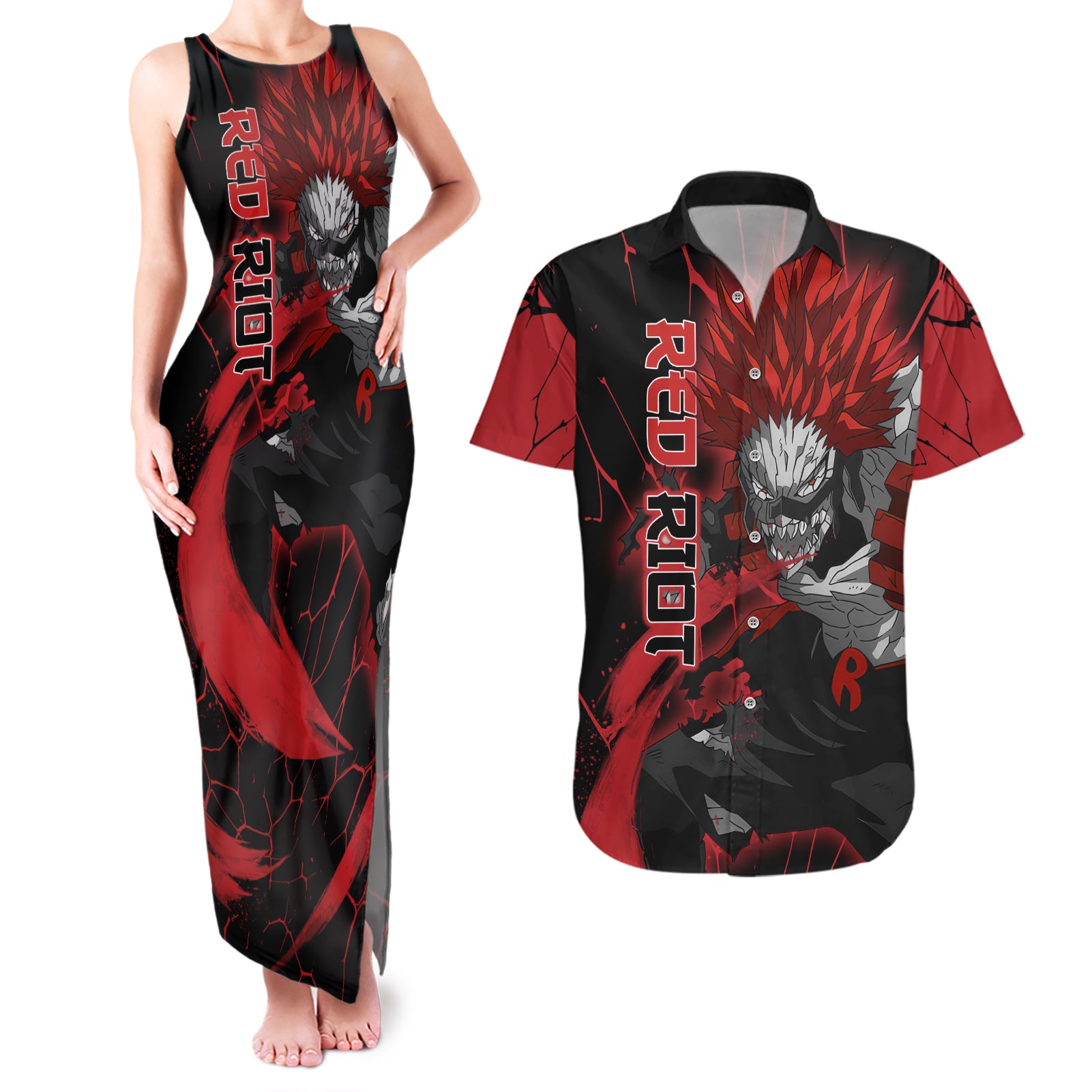 Eijirou KIrishima Red Riot Couples Matching Tank Maxi Dress and Hawaiian Shirt