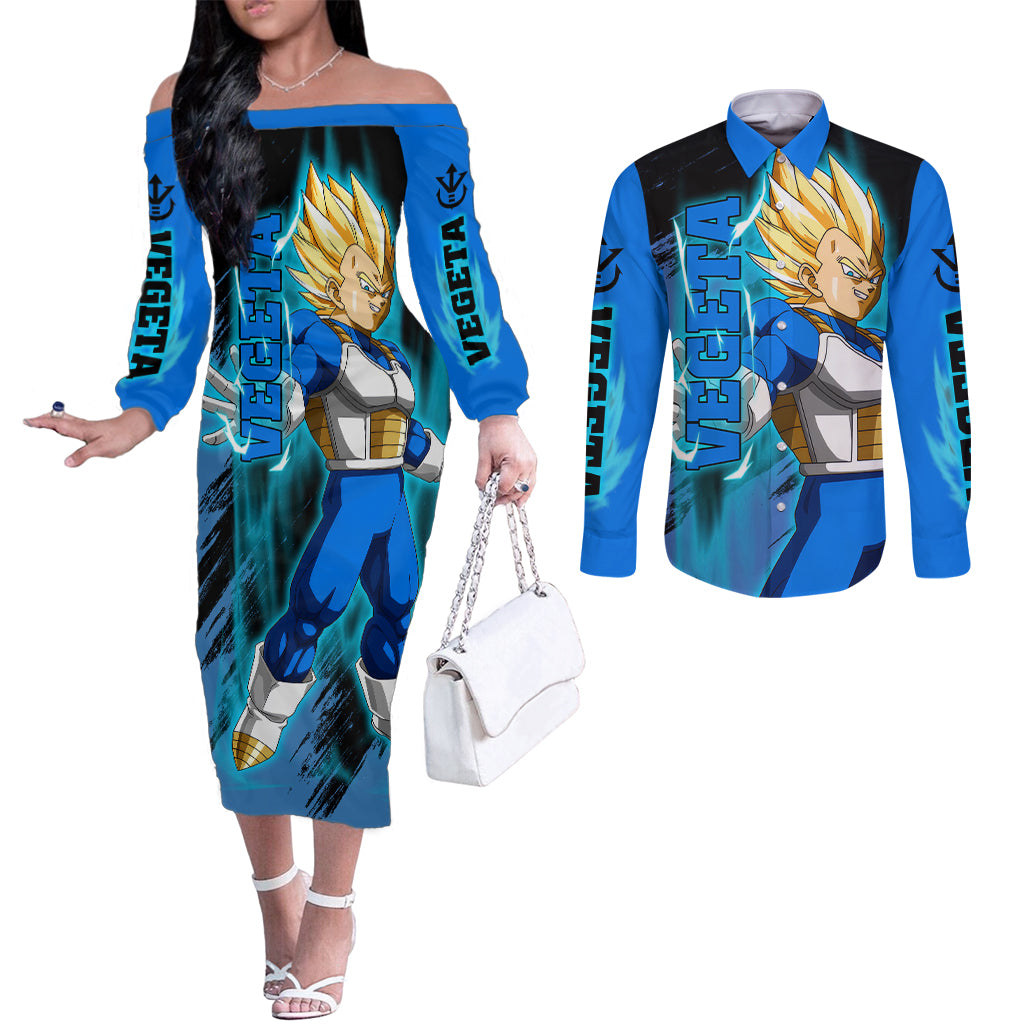 Vegeta Super Saiyan - Dragon Ball Couples Matching Off The Shoulder Long Sleeve Dress and Long Sleeve Button Shirt