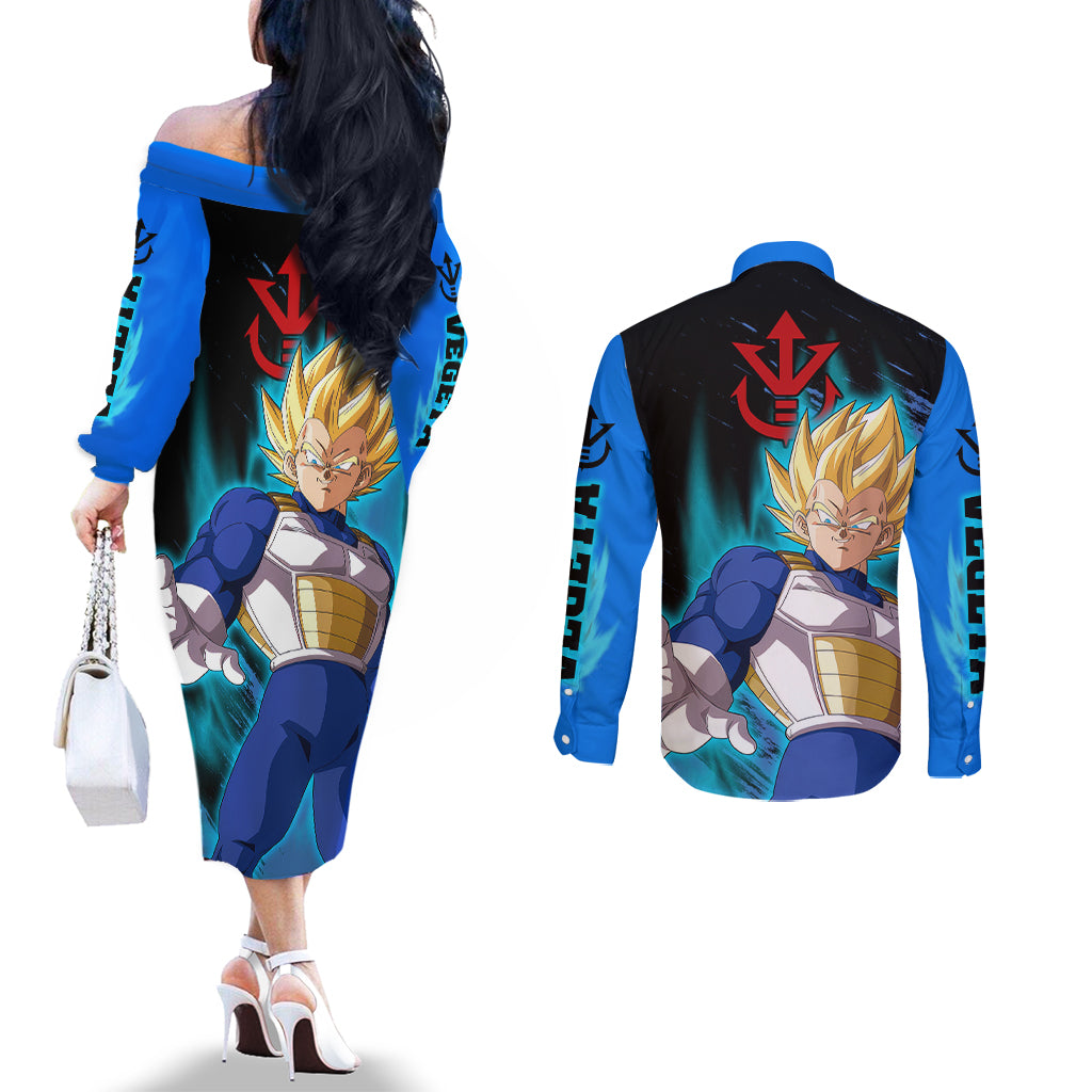 Vegeta Super Saiyan - Dragon Ball Couples Matching Off The Shoulder Long Sleeve Dress and Long Sleeve Button Shirt