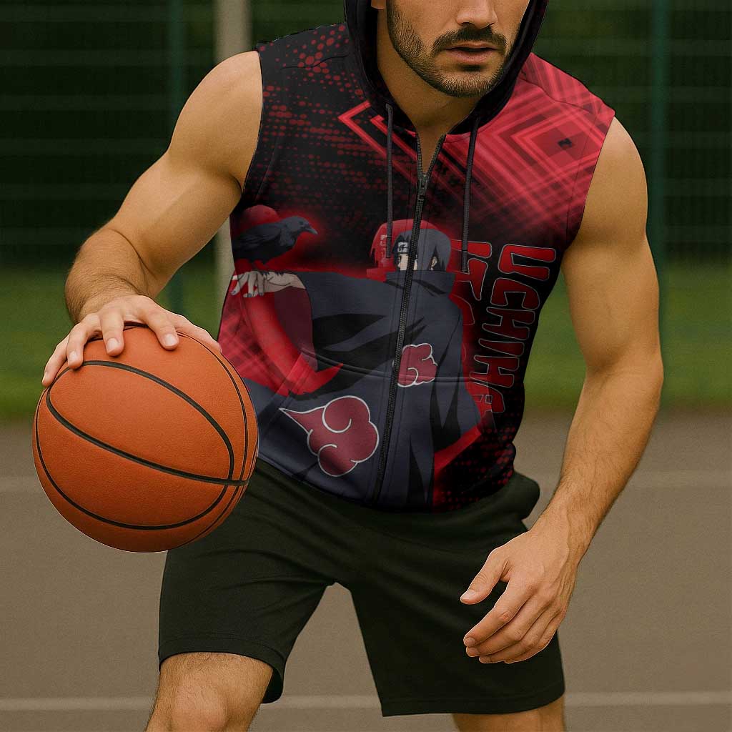 Uchiha Itachi Naruto Sleeveless Zip Hoodie Red Geometric Anime Illusion Style