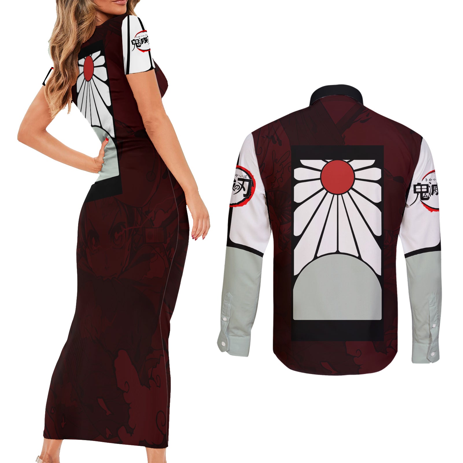 Tanjiro Kamado - Raising Sun Anime Couples Matching Short Sleeve Bodycon Dress and Long Sleeve Button Shirt