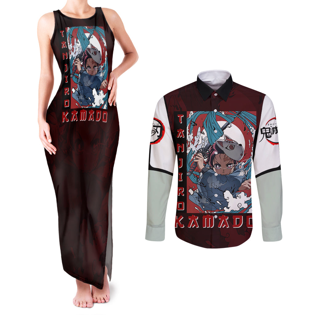 Tanjiro Kamado - Raising Sun Anime Couples Matching Tank Maxi Dress and Long Sleeve Button Shirt