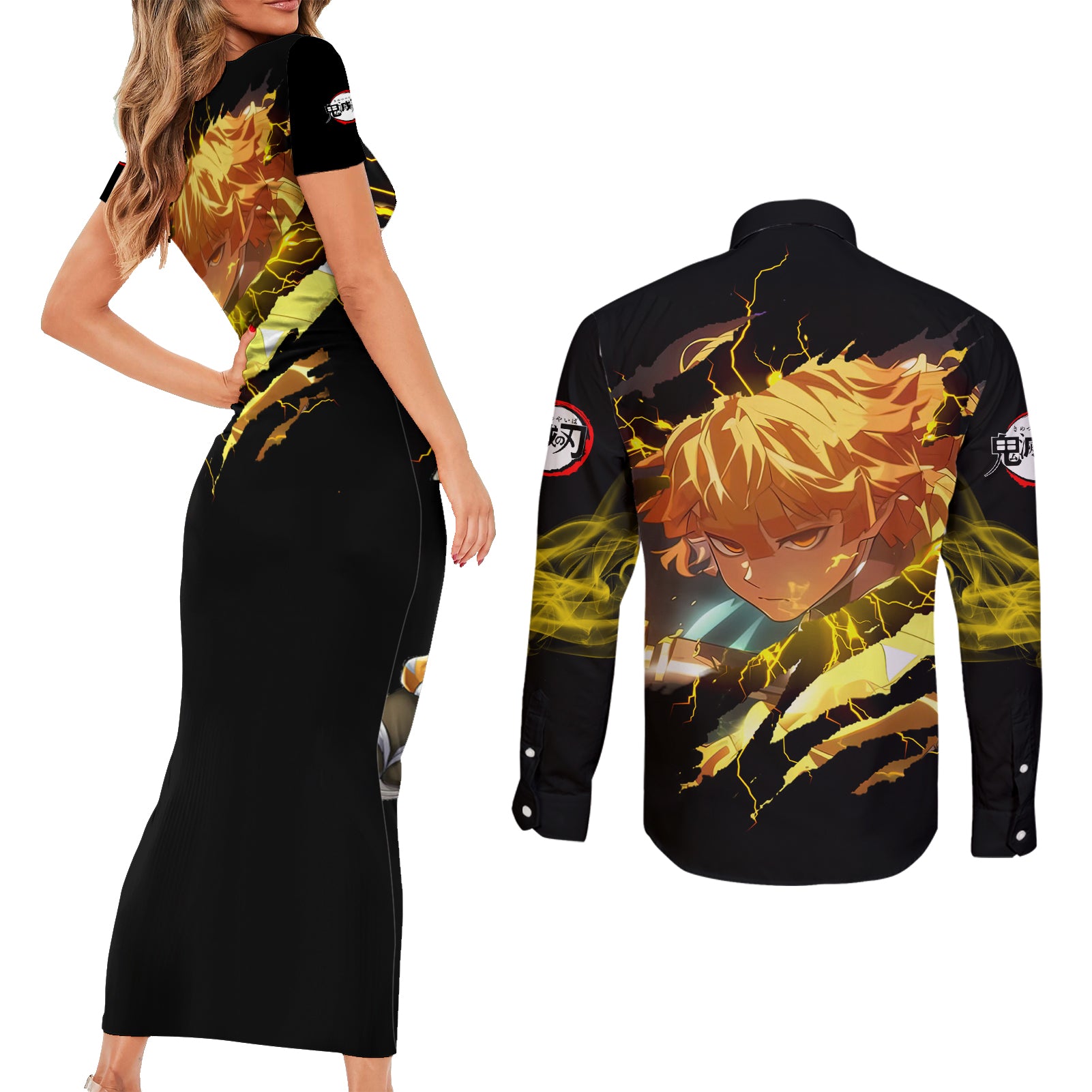 Zenitsu Agatsuma Demon Slayer Couples Matching Short Sleeve Bodycon Dress and Long Sleeve Button Shirt Anime Mix Manga Style