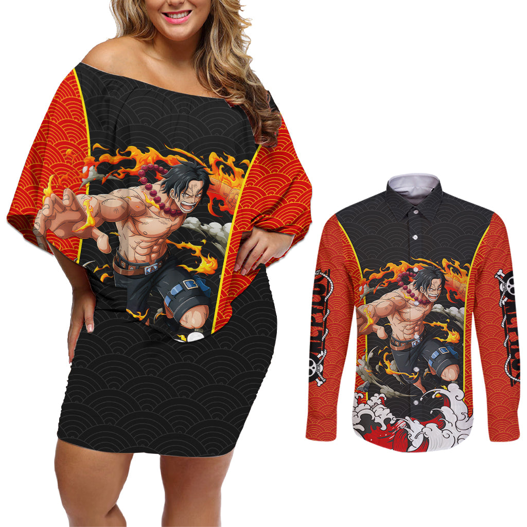 Portgas D.Ace - One Piece Couples Matching Off Shoulder Short Dress and Long Sleeve Button Shirt Anime Japan Style