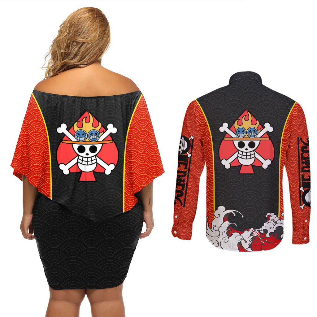Portgas D.Ace - One Piece Couples Matching Off Shoulder Short Dress and Long Sleeve Button Shirt Anime Japan Style