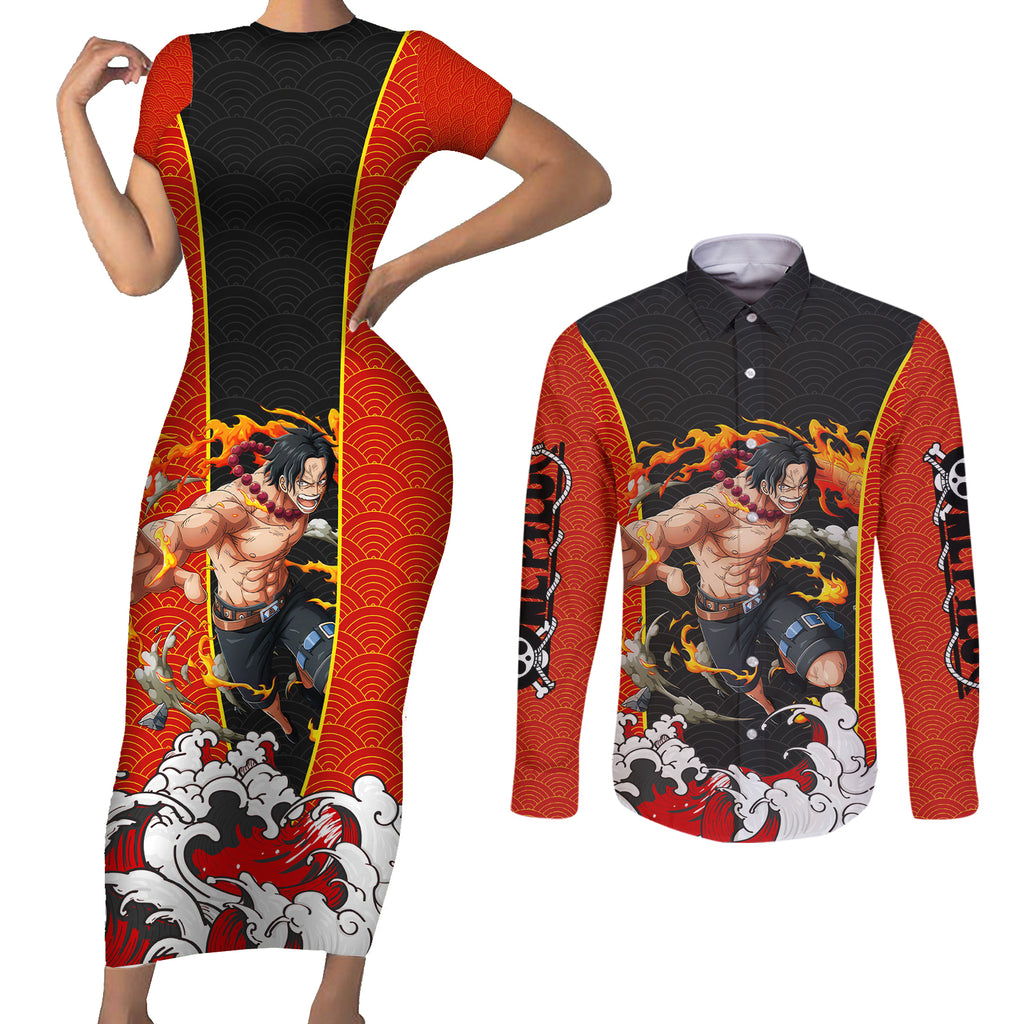 Portgas D.Ace - One Piece Couples Matching Short Sleeve Bodycon Dress and Long Sleeve Button Shirt Anime Japan Style