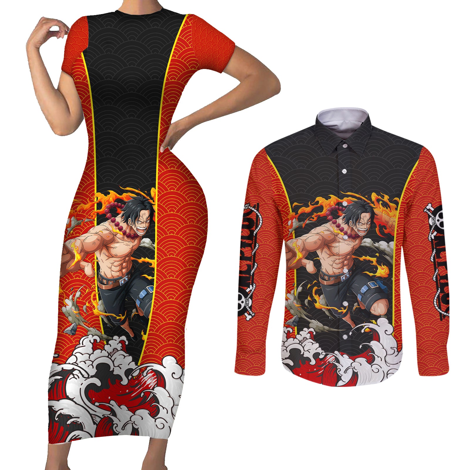 Portgas D.Ace - One Piece Couples Matching Short Sleeve Bodycon Dress and Long Sleeve Button Shirt Anime Japan Style