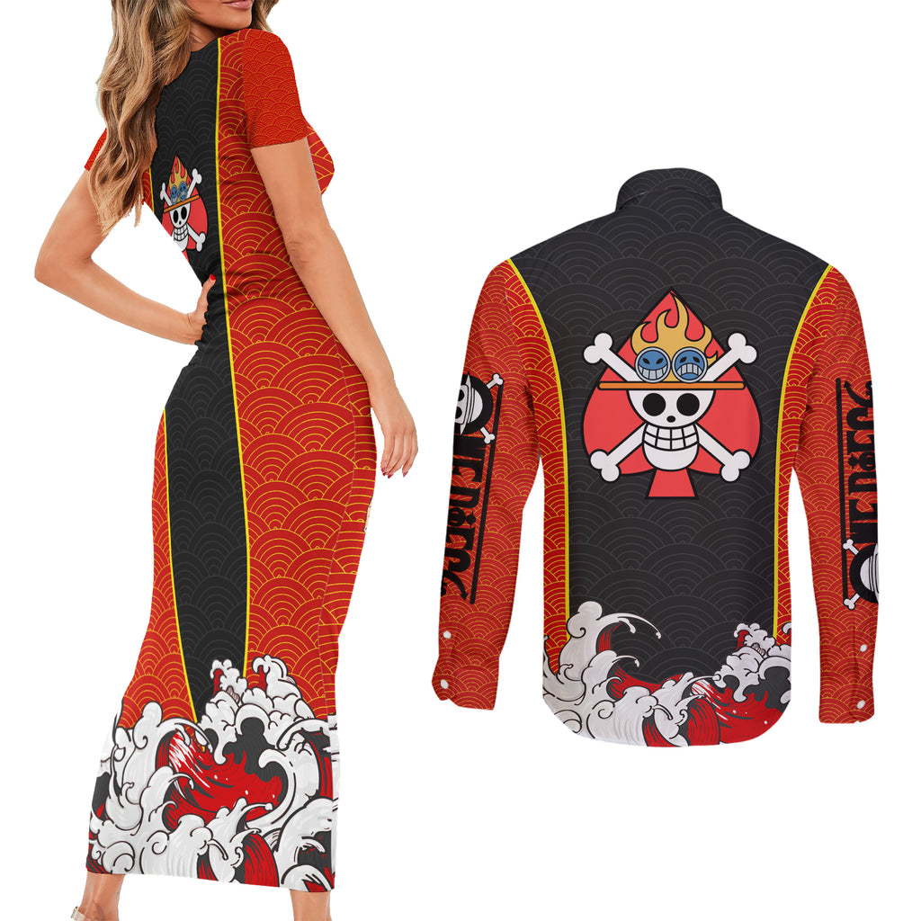 Portgas D.Ace - One Piece Couples Matching Short Sleeve Bodycon Dress and Long Sleeve Button Shirt Anime Japan Style