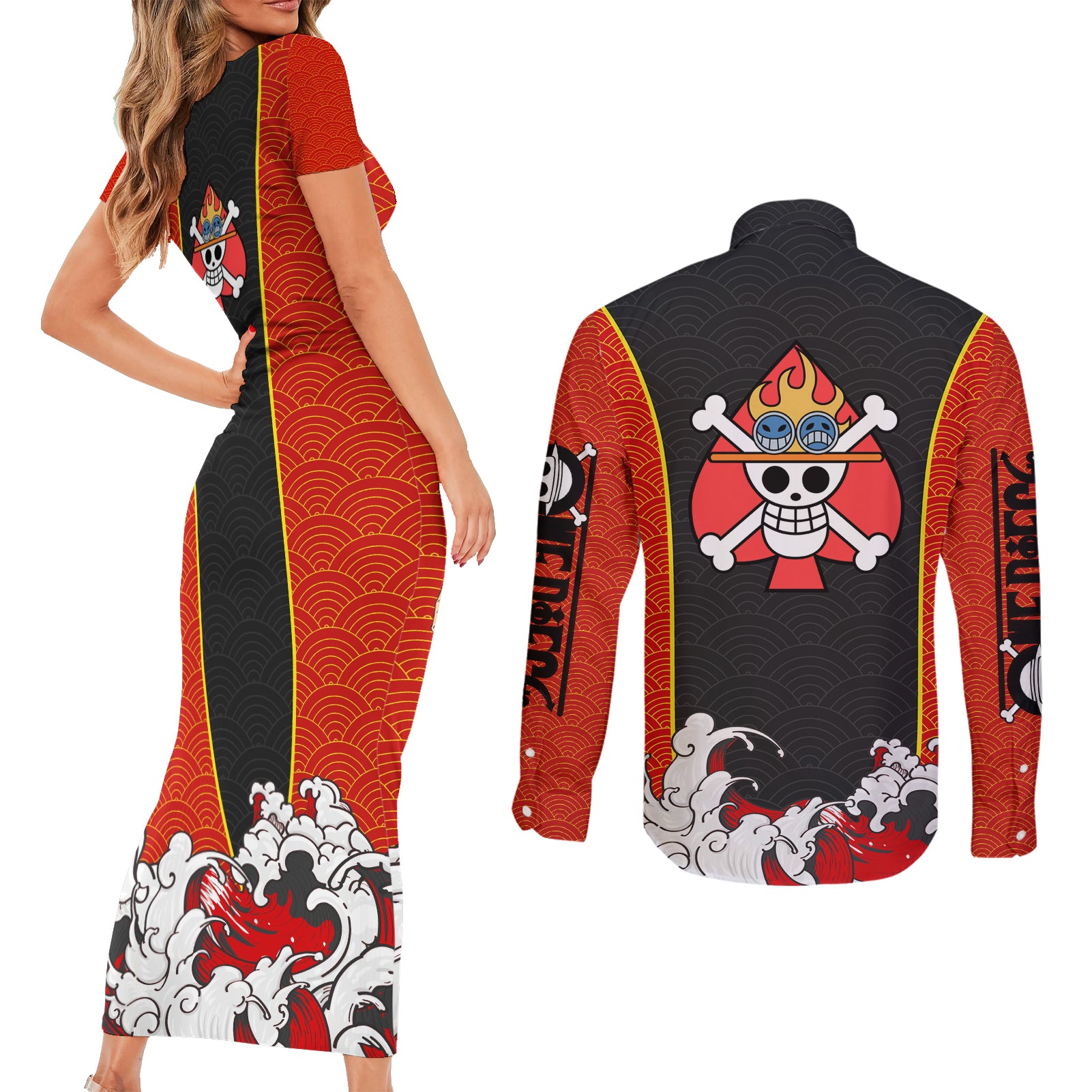 Portgas D.Ace - One Piece Couples Matching Short Sleeve Bodycon Dress and Long Sleeve Button Shirt Anime Japan Style