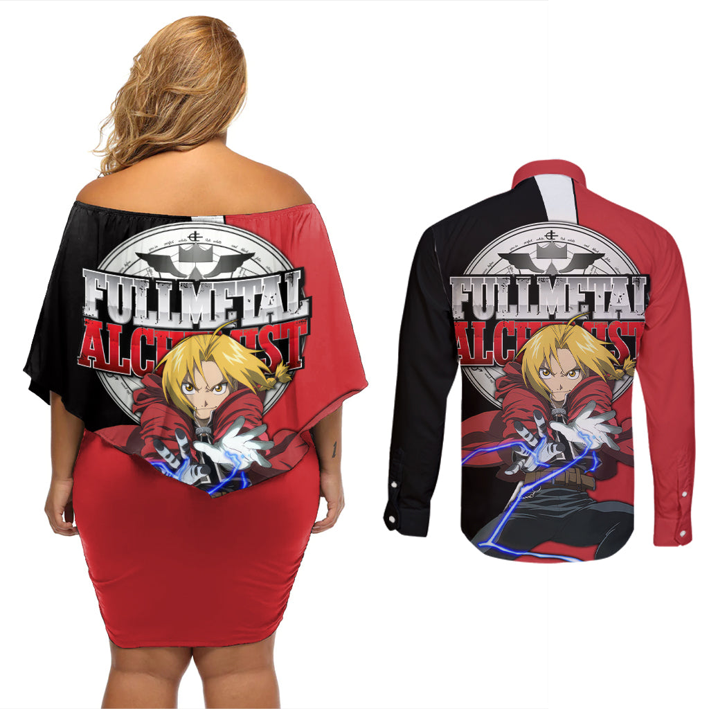 Elric Edward - Fullmetal Alchemist Couples Matching Off Shoulder Short Dress and Long Sleeve Button Shirt Anime Style