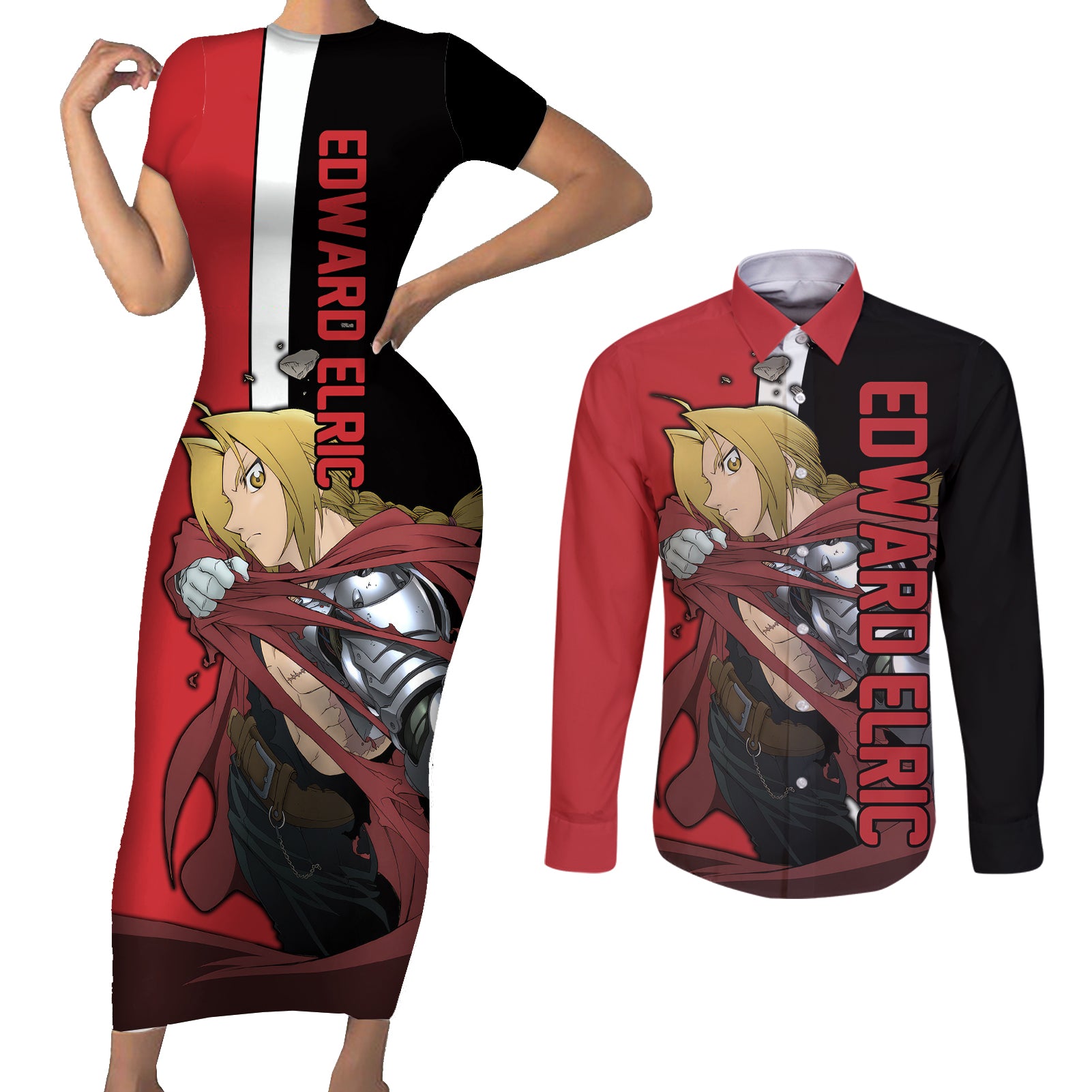 Elric Edward - Fullmetal Alchemist Couples Matching Short Sleeve Bodycon Dress and Long Sleeve Button Shirt Anime Style