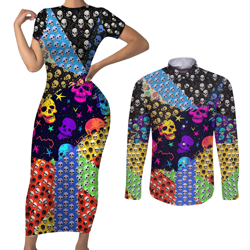 skull-pattern-couples-matching-short-sleeve-bodycon-dress-and-long-sleeve-button-shirts-colorful-skull-pattern-mix