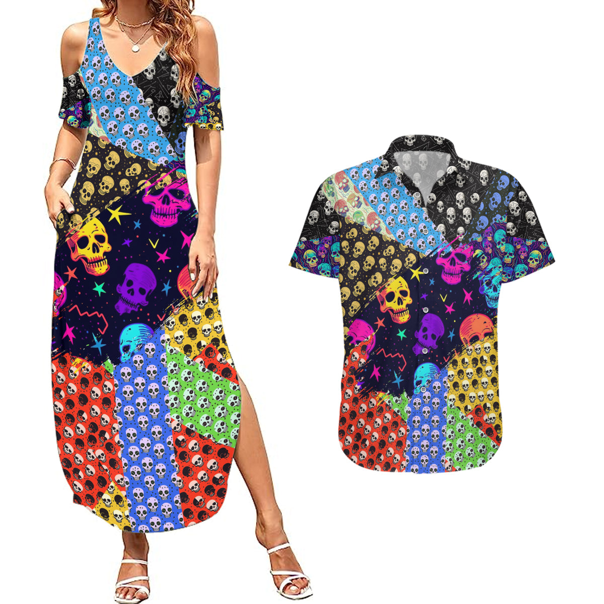 skull-pattern-couples-matching-summer-maxi-dress-and-hawaiian-shirt-colorful-skull-pattern-mix