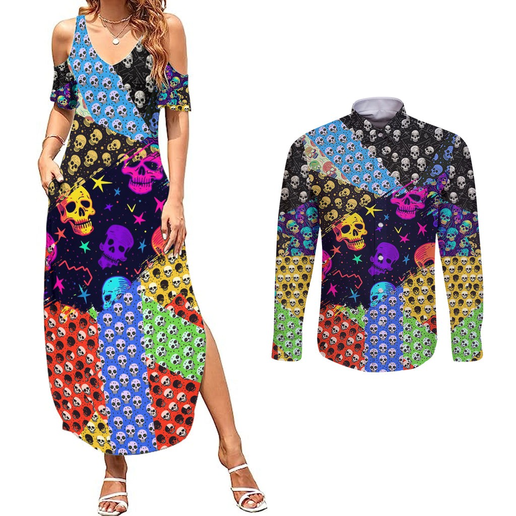 skull-pattern-couples-matching-summer-maxi-dress-and-long-sleeve-button-shirts-colorful-skull-pattern-mix