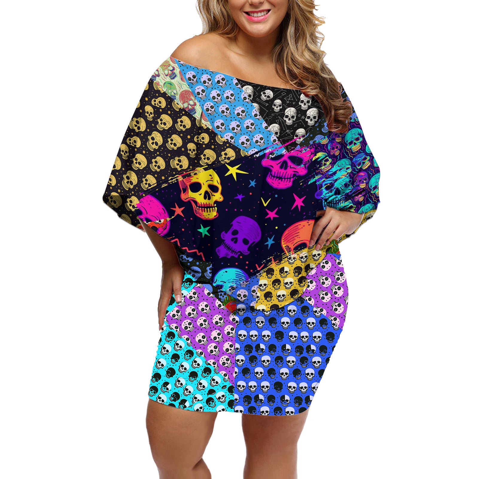 skull-pattern-off-shoulder-short-dress-colorful-skull-pattern-mix