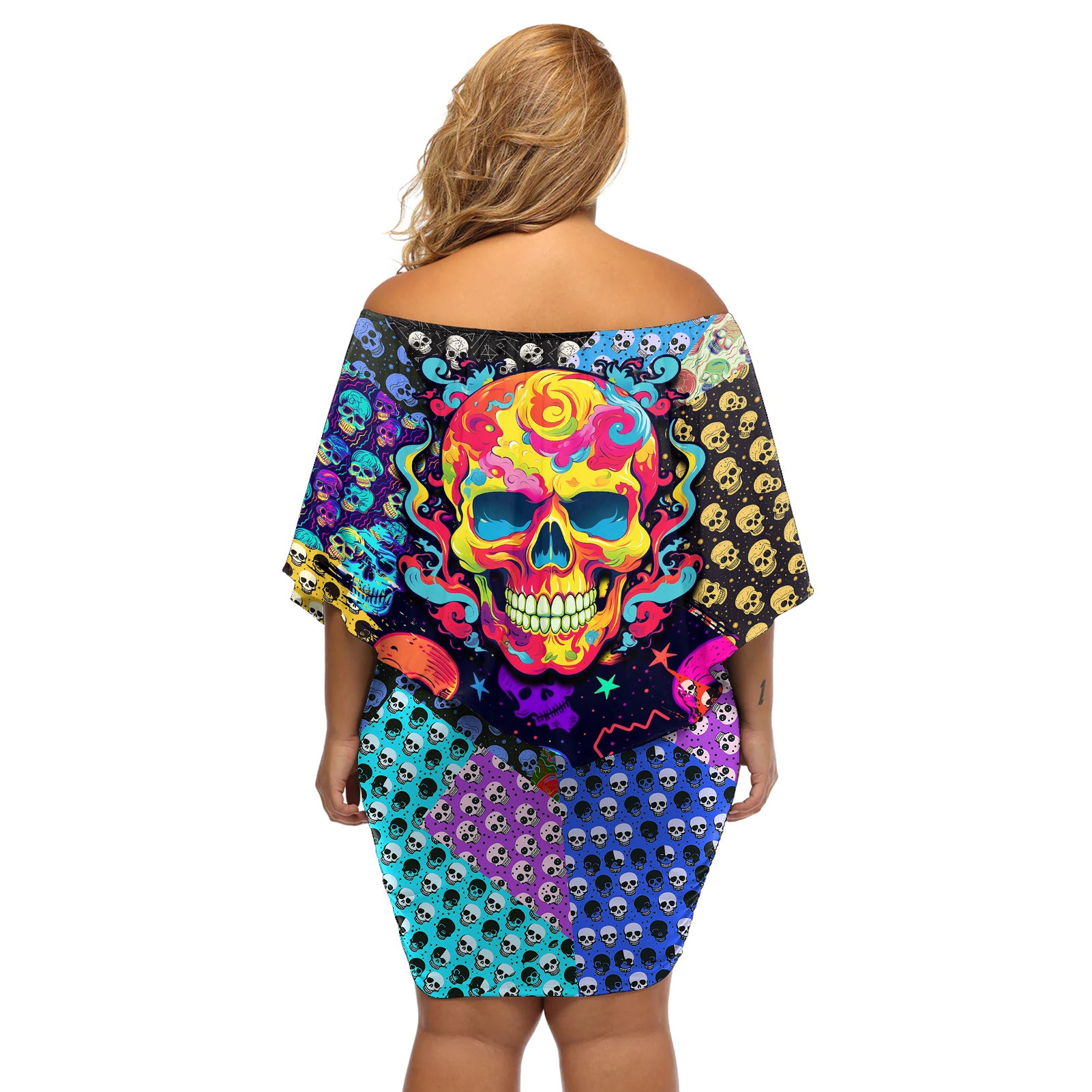 skull-pattern-off-shoulder-short-dress-colorful-skull-pattern-mix