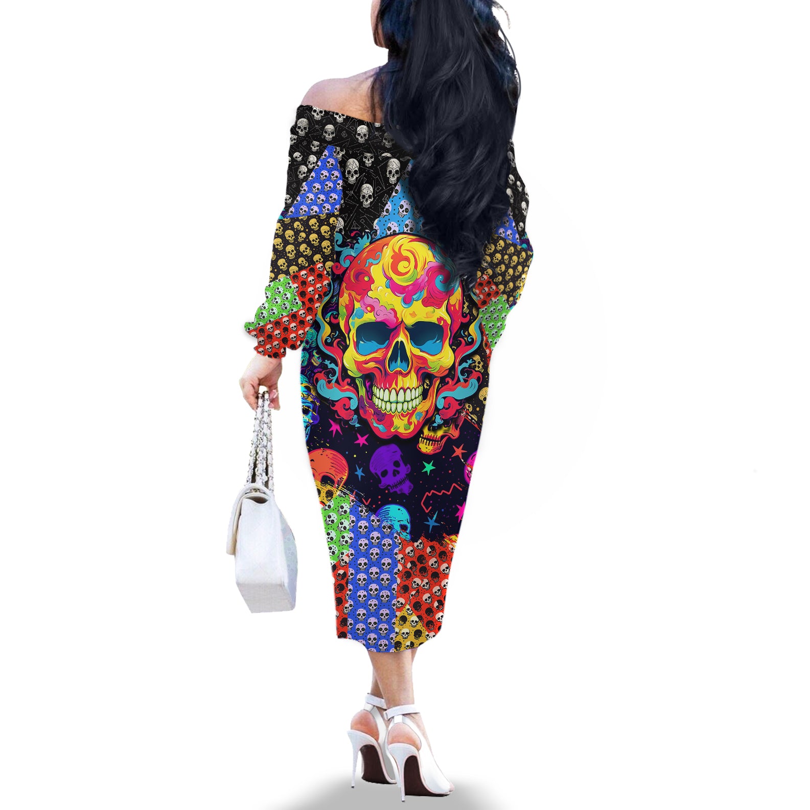 skull-pattern-off-the-shoulder-long-sleeve-dress-colorful-skull-pattern-mix