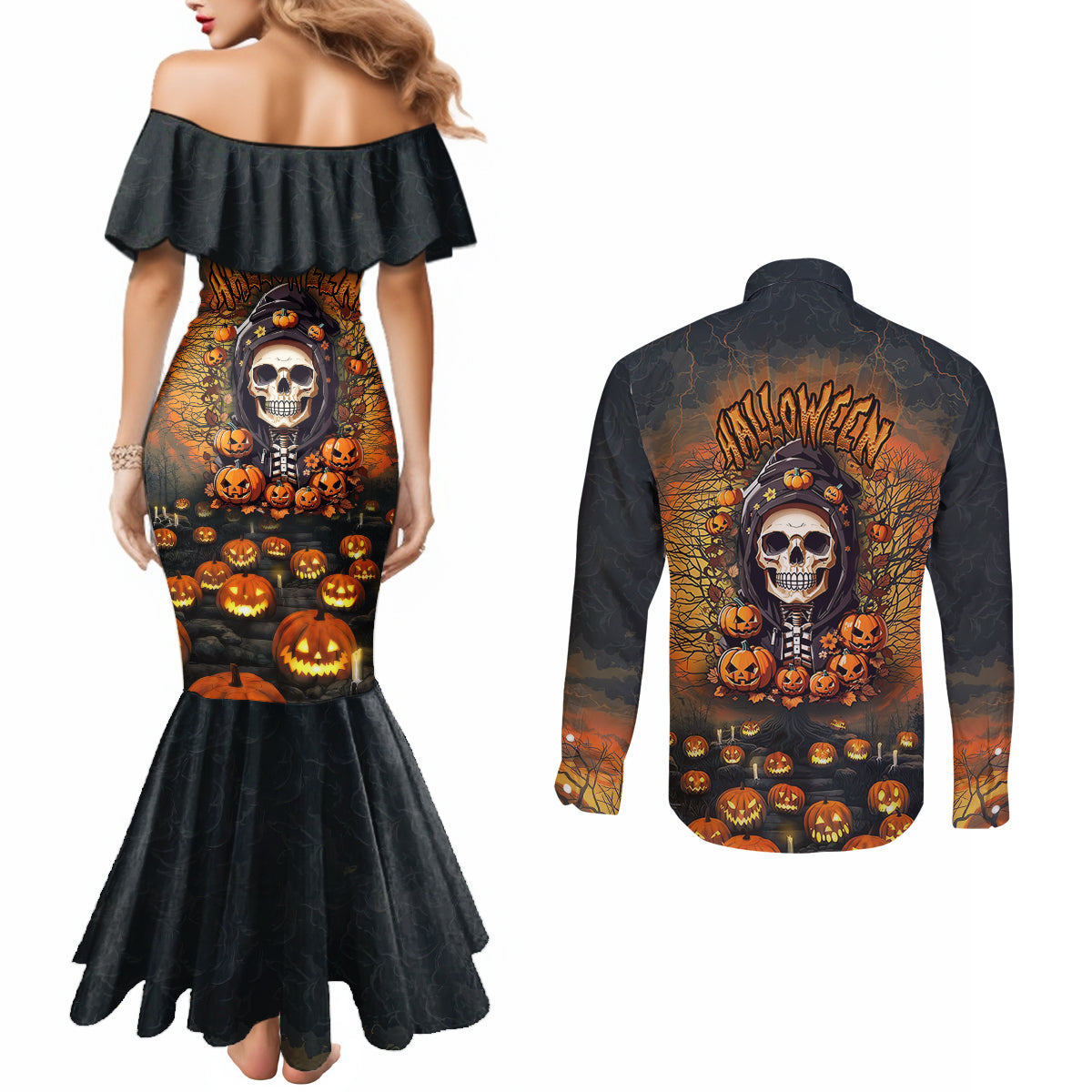 halloween-skull-couples-matching-mermaid-dress-and-long-sleeve-button-shirts-pumpkin-themed