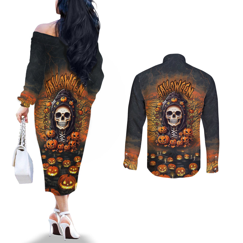 halloween-skull-couples-matching-off-the-shoulder-long-sleeve-dress-and-long-sleeve-button-shirts-pumpkin-themed