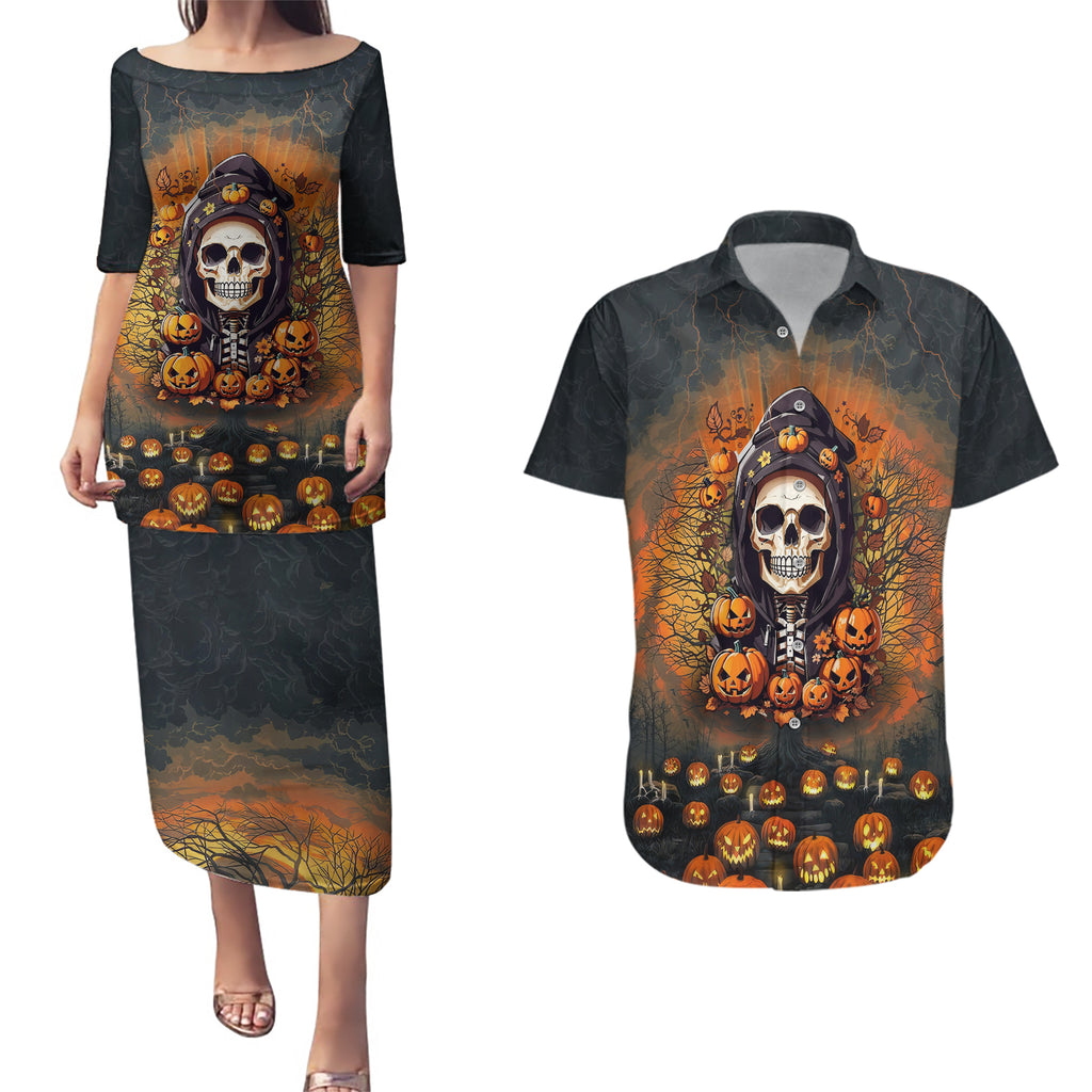 halloween-skull-couples-matching-puletasi-dress-and-hawaiian-shirt-pumpkin-themed