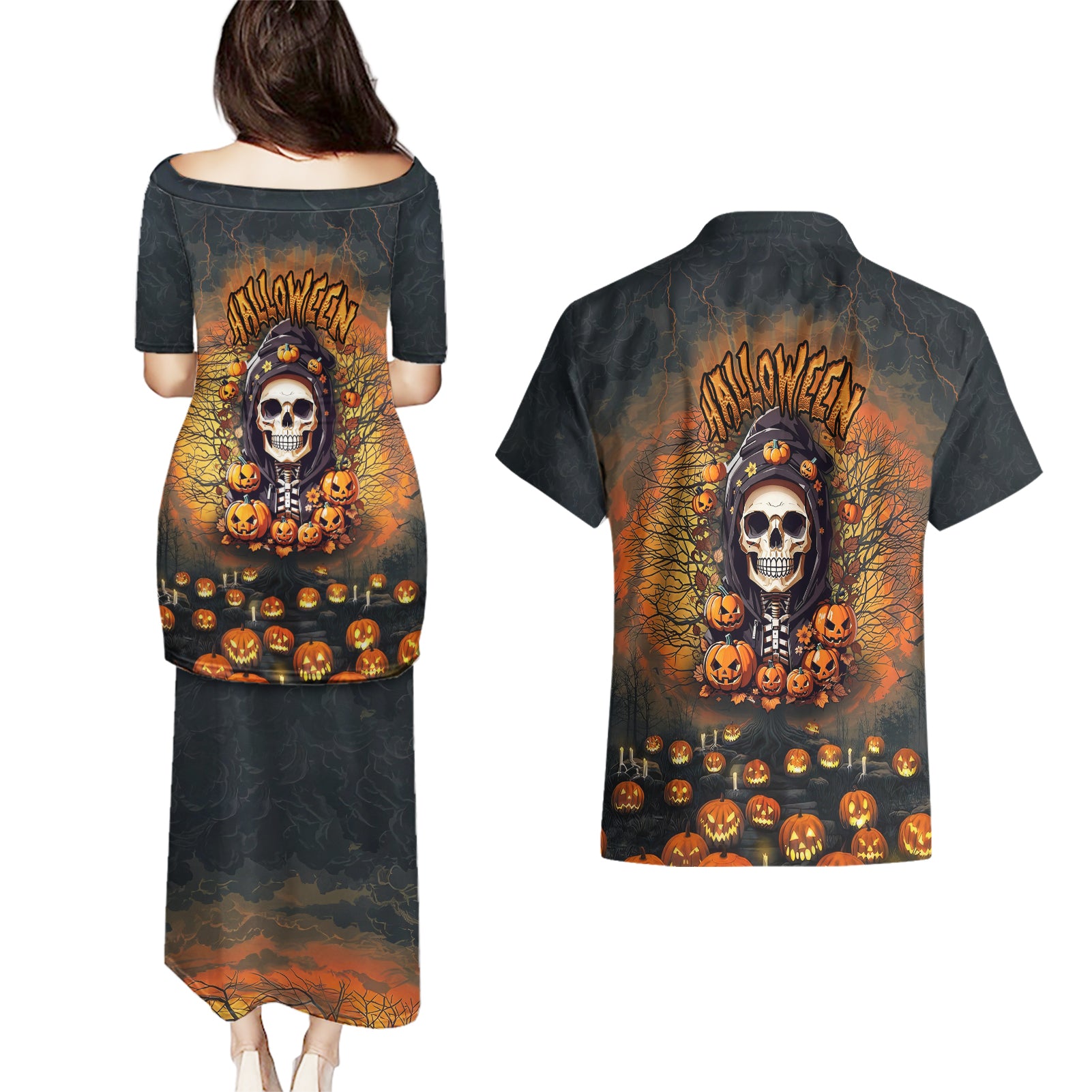 halloween-skull-couples-matching-puletasi-dress-and-hawaiian-shirt-pumpkin-themed