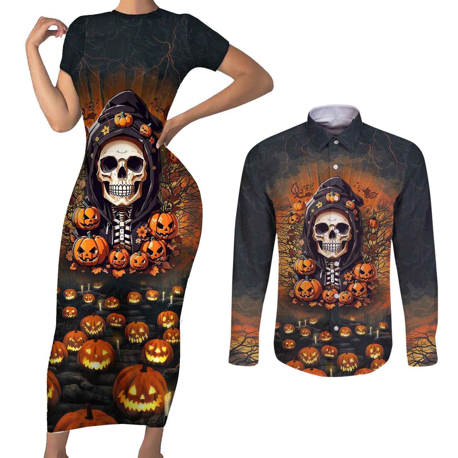 halloween-skull-couples-matching-short-sleeve-bodycon-dress-and-long-sleeve-button-shirts-pumpkin-themed