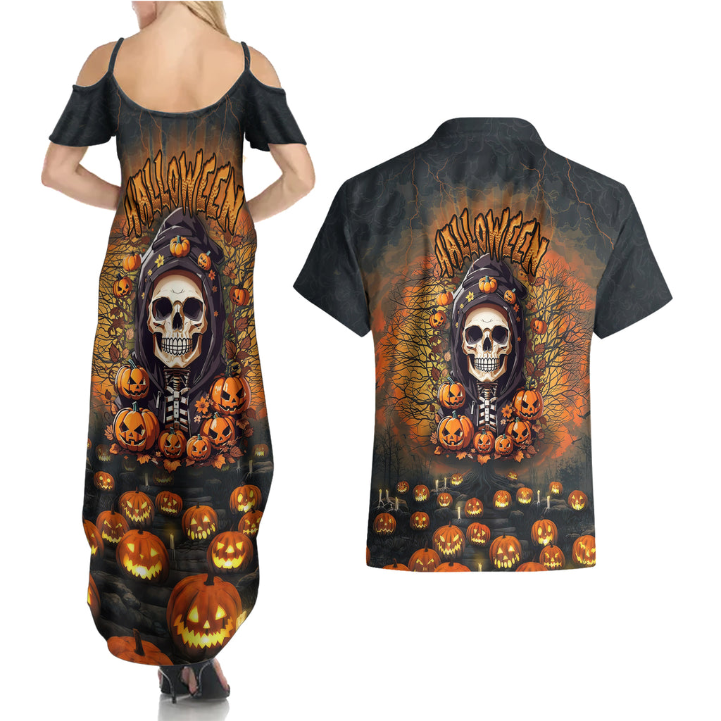 halloween-skull-couples-matching-summer-maxi-dress-and-hawaiian-shirt-pumpkin-themed