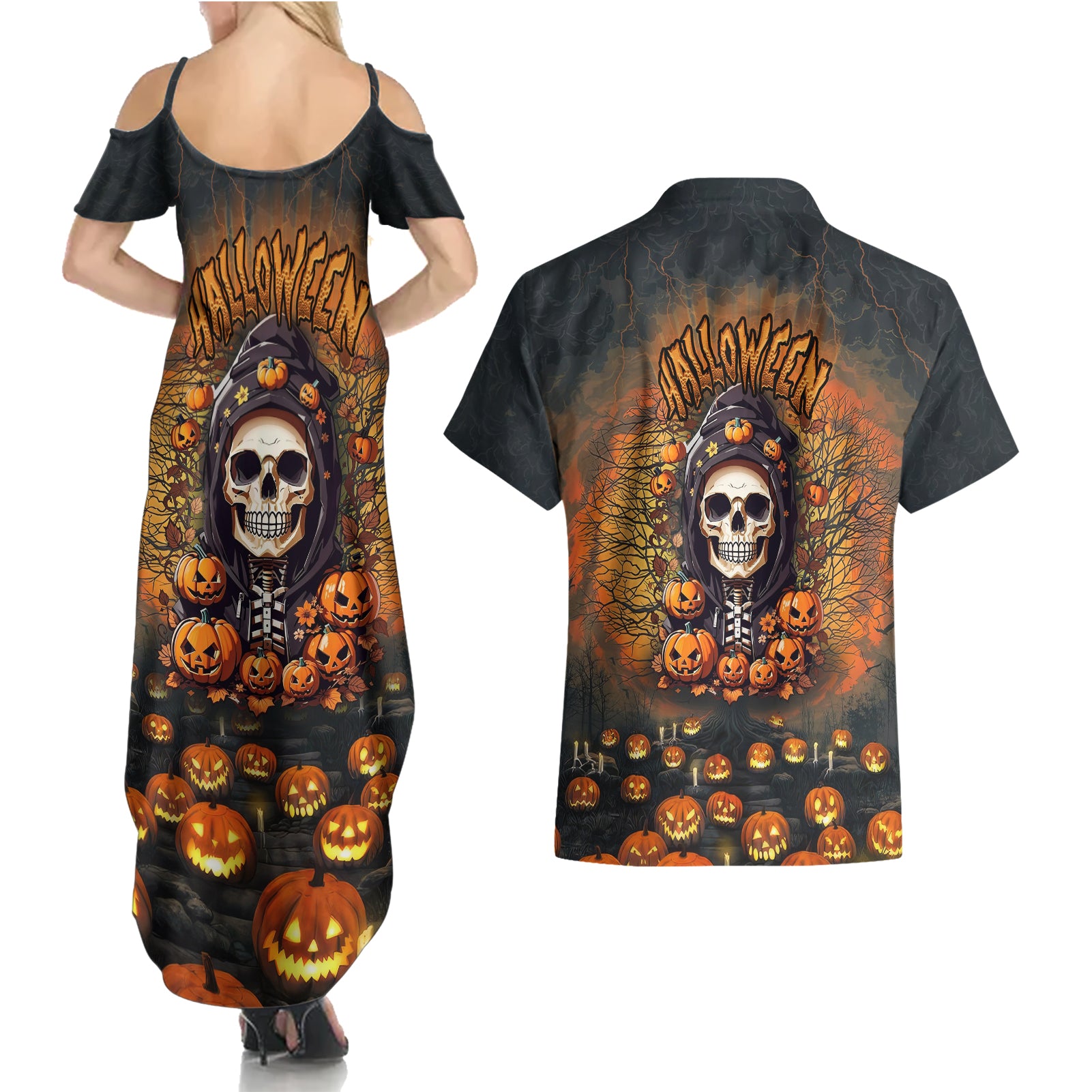 halloween-skull-couples-matching-summer-maxi-dress-and-hawaiian-shirt-pumpkin-themed