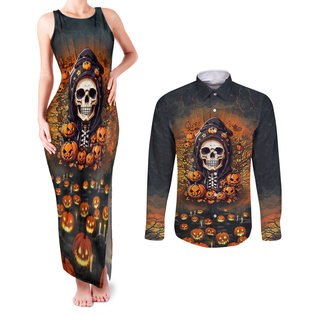 halloween-skull-couples-matching-tank-maxi-dress-and-long-sleeve-button-shirts-pumpkin-themed