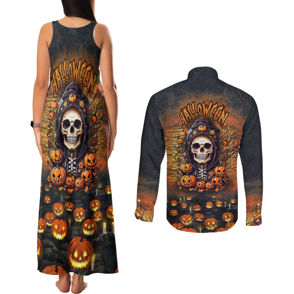 halloween-skull-couples-matching-tank-maxi-dress-and-long-sleeve-button-shirts-pumpkin-themed