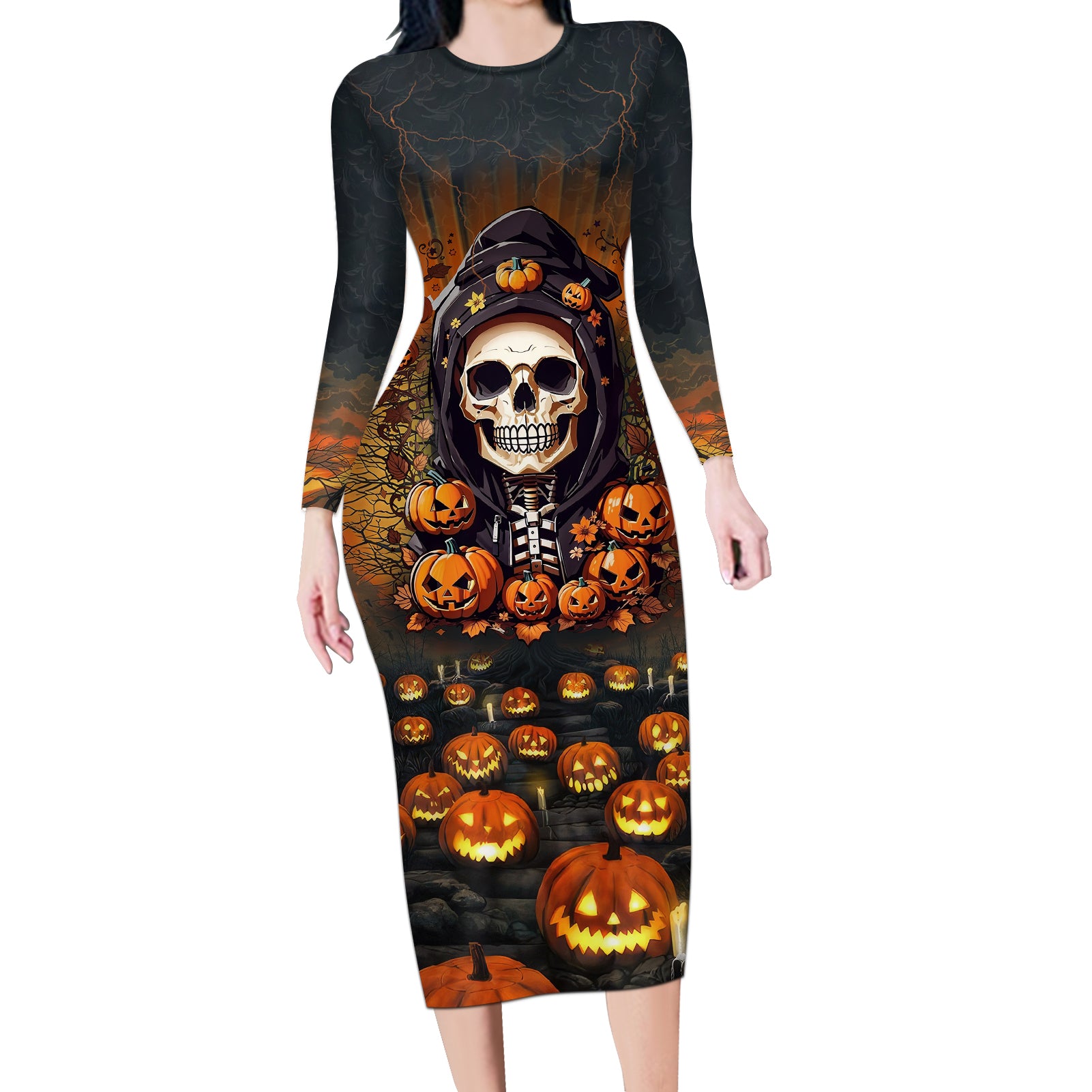 halloween-skull-long-sleeve-bodycon-dress-pumpkin-themed