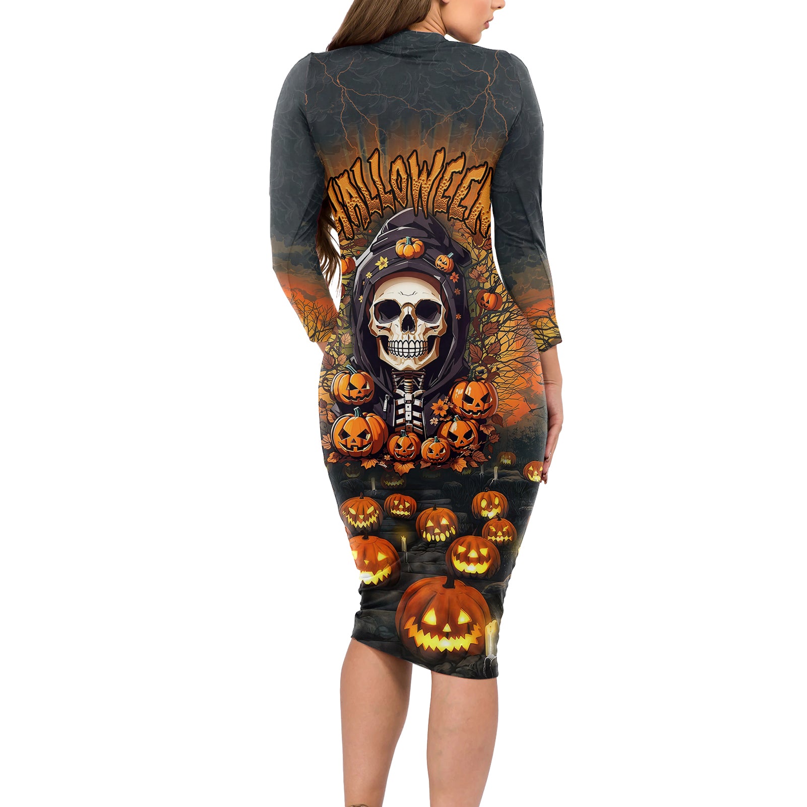 halloween-skull-long-sleeve-bodycon-dress-pumpkin-themed