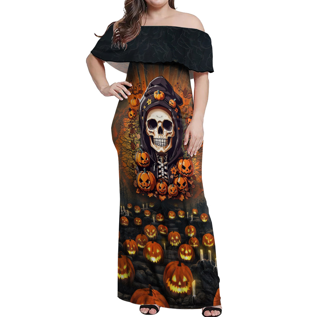halloween-skull-off-shoulder-maxi-dress-pumpkin-themed