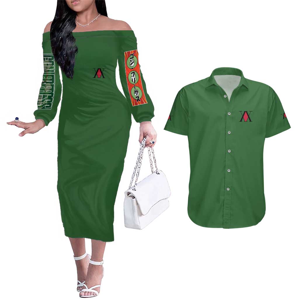 Gon Freecss Hunter x Hunter Couples Matching Off The Shoulder Long Sleeve Dress and Hawaiian Shirt Anime Style