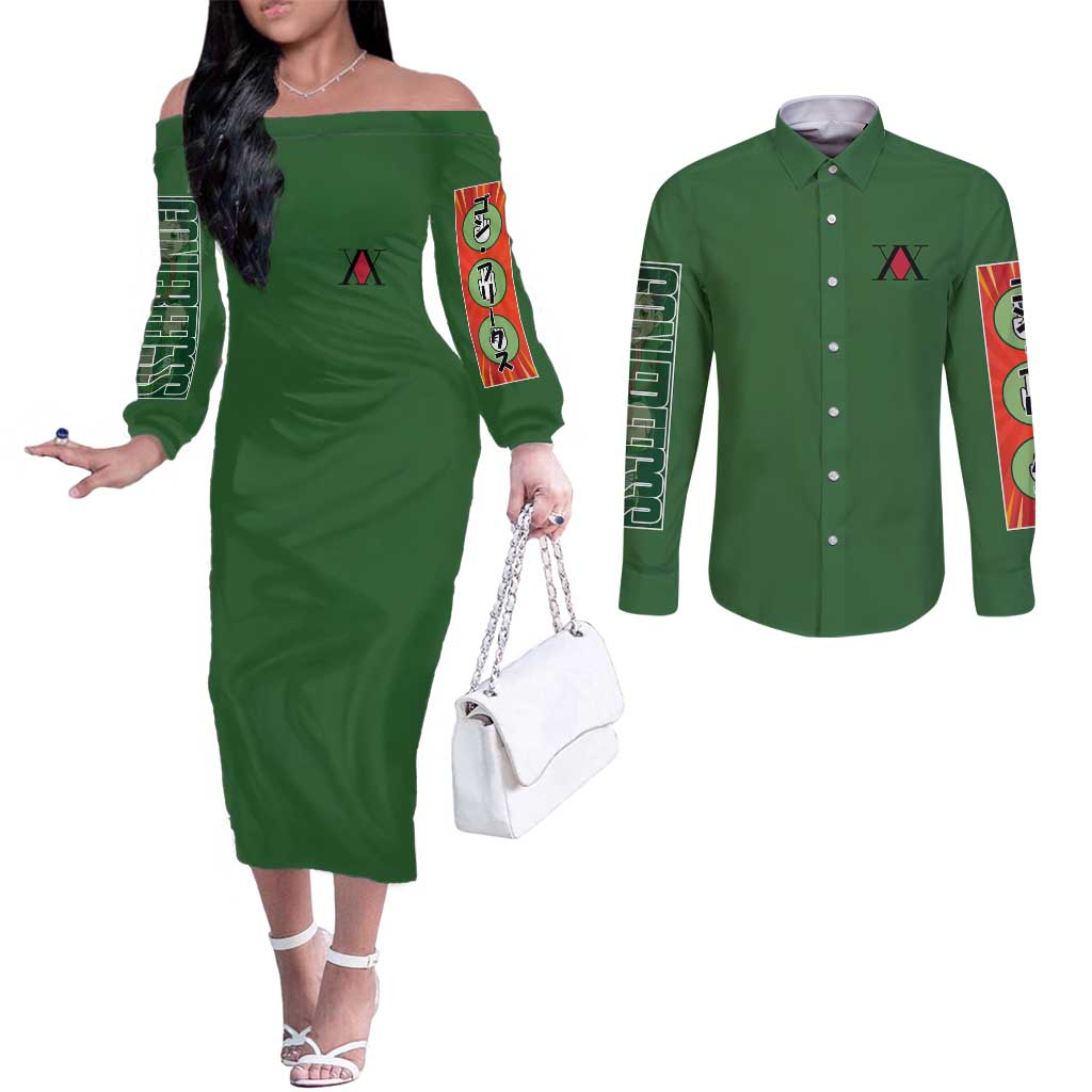 Gon Freecss Hunter x Hunter Couples Matching Off The Shoulder Long Sleeve Dress and Long Sleeve Button Shirt Anime Style