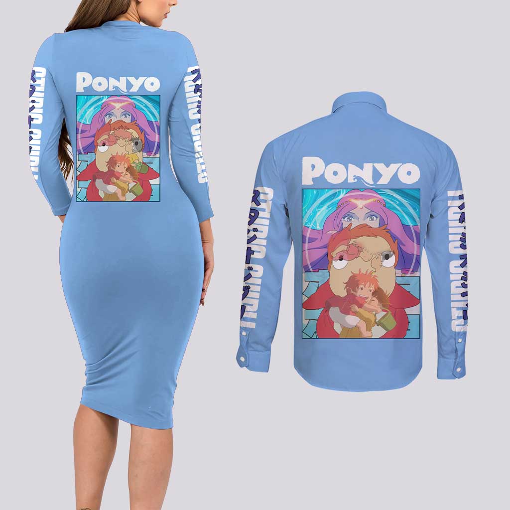 Ponyo Studio Ghibli Couples Matching Long Sleeve Bodycon Dress and Long Sleeve Button Shirt Anime Style