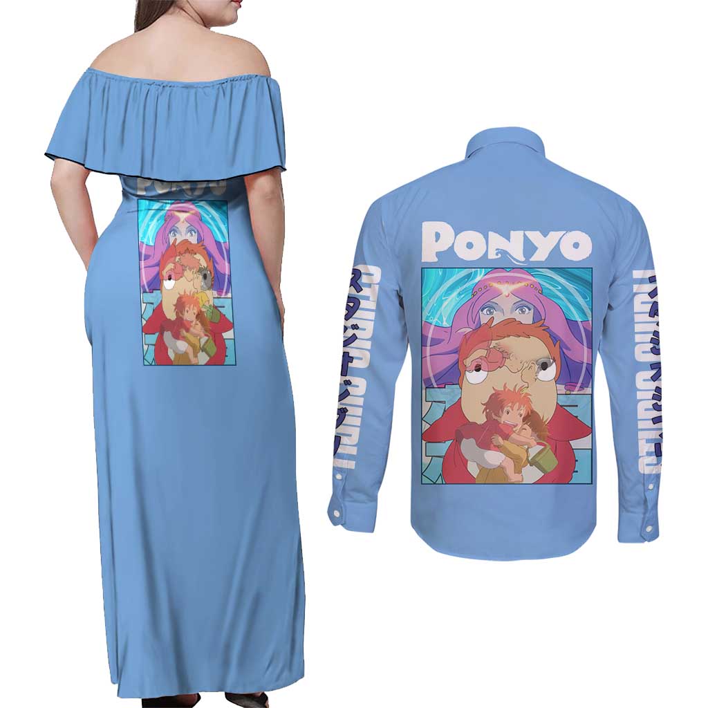 Ponyo Studio Ghibli Couples Matching Off Shoulder Maxi Dress and Long Sleeve Button Shirt Anime Style