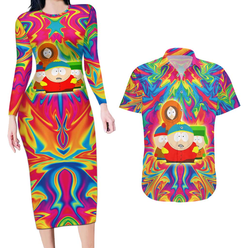 Trippy South Park Couples Matching Long Sleeve Bodycon Dress and Hawaiian Shirt Anime Style