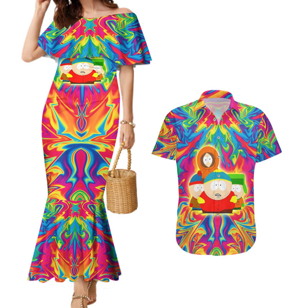 Trippy South Park Couples Matching Mermaid Dress and Hawaiian Shirt Anime Style