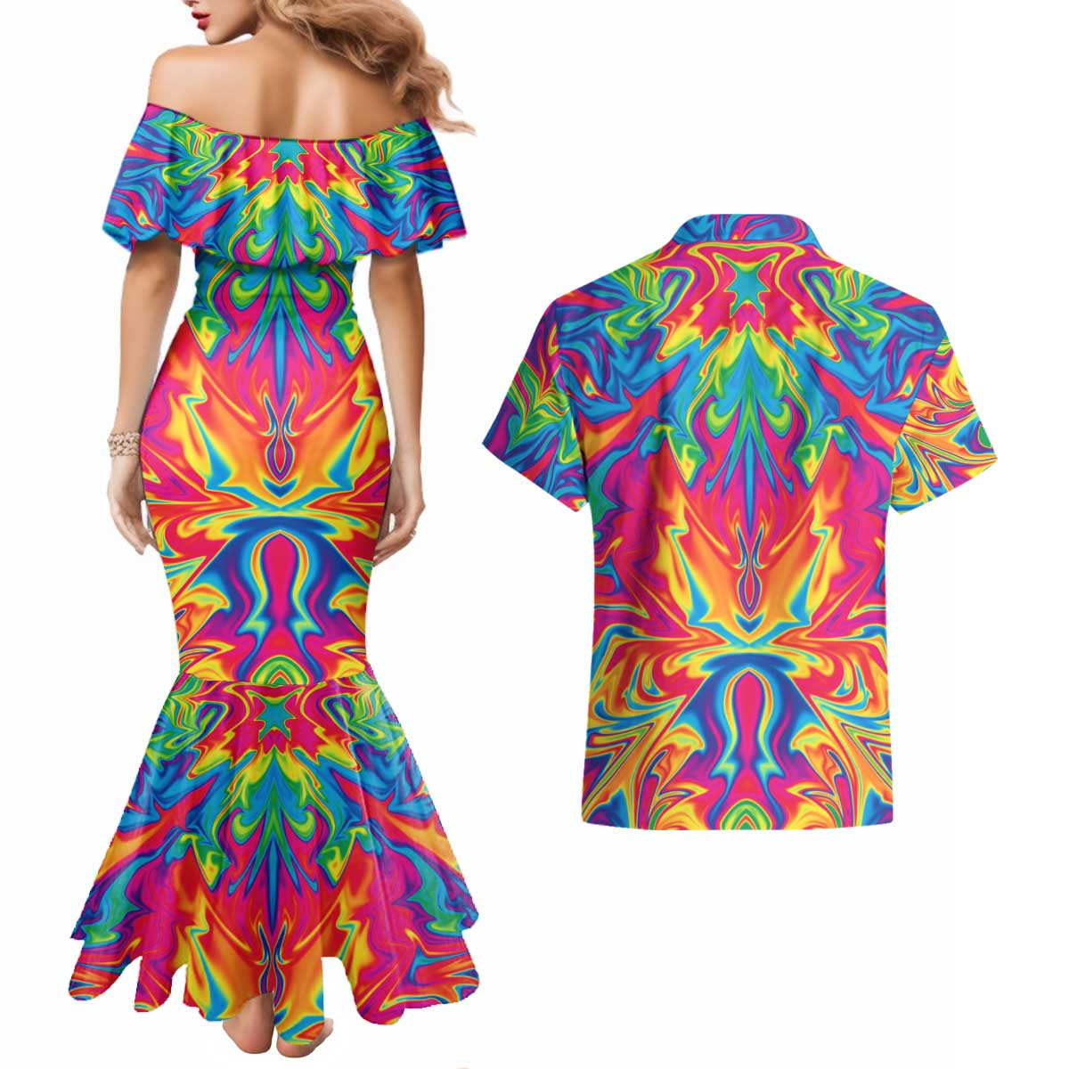 Trippy South Park Couples Matching Mermaid Dress and Hawaiian Shirt Anime Style