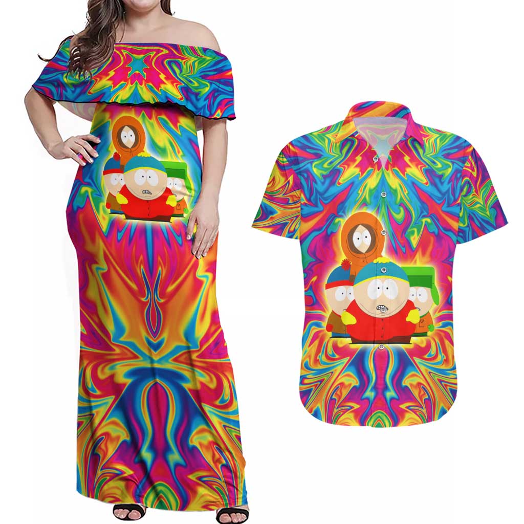 Trippy South Park Couples Matching Off Shoulder Maxi Dress and Hawaiian Shirt Anime Style