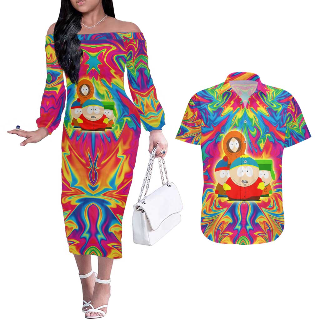 Trippy South Park Couples Matching Off The Shoulder Long Sleeve Dress and Hawaiian Shirt Anime Style