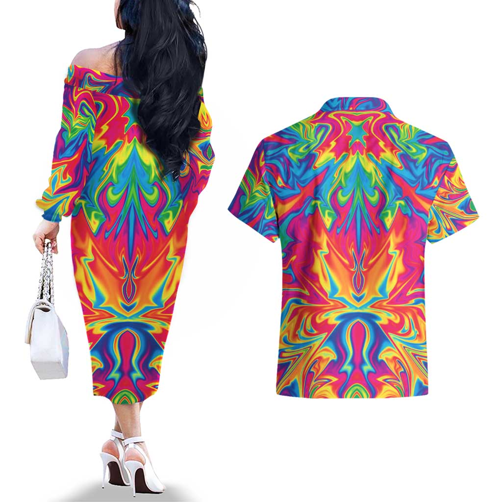 Trippy South Park Couples Matching Off The Shoulder Long Sleeve Dress and Hawaiian Shirt Anime Style