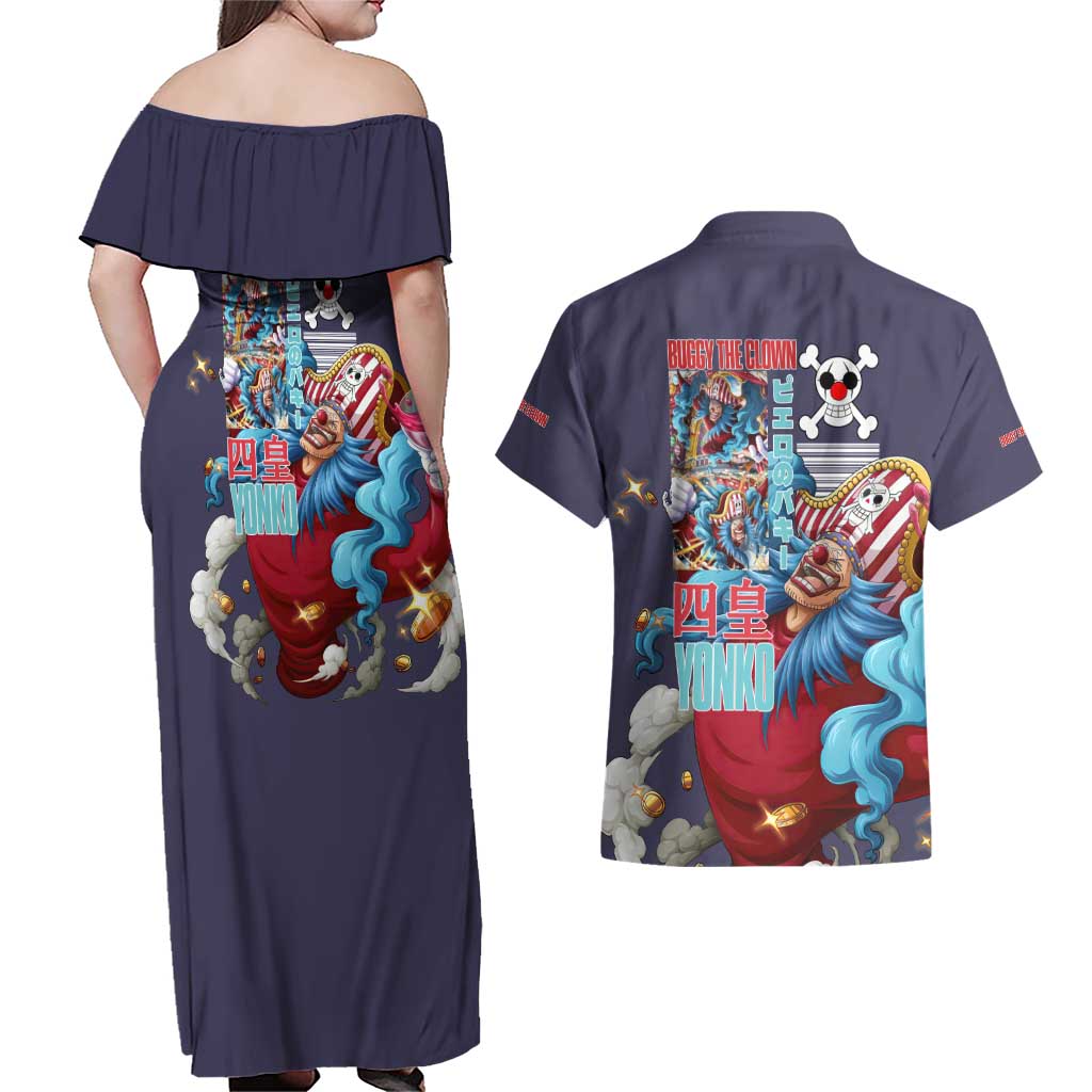 Buggy One Piece Couples Matching Off Shoulder Maxi Dress and Hawaiian Shirt Anime Style