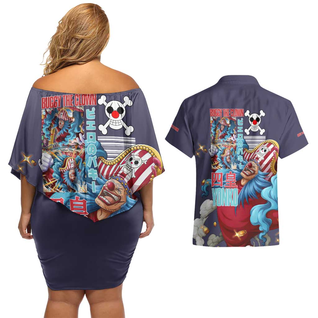 Buggy One Piece Couples Matching Off Shoulder Short Dress and Hawaiian Shirt Anime Style