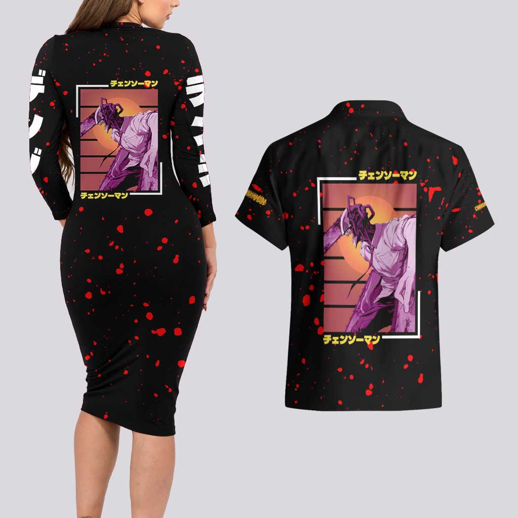 Chainsaw Man Couples Matching Long Sleeve Bodycon Dress and Hawaiian Shirt Anime Style